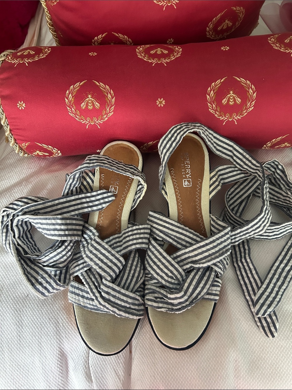 Sperry Striped Navy and White Wrap Wedge Sandals